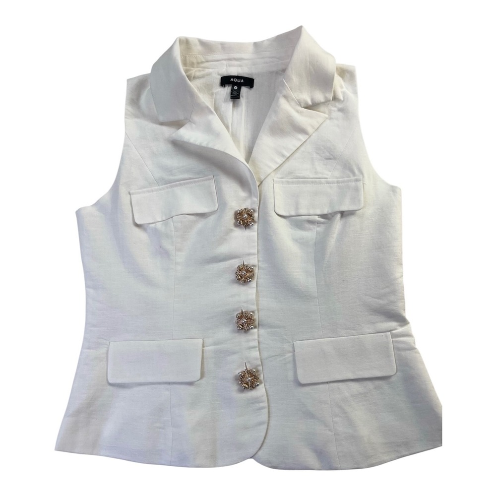 AQUA White Notched Lapel Vest Womens sz S Gold Pearl Buttons Flax Cotton Summer